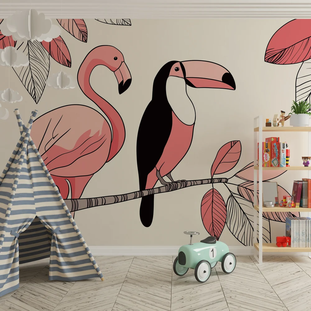 Lastenhuoneen tapetti | Vaaleanpunaiset flamingot ja värikkäät tukaanit