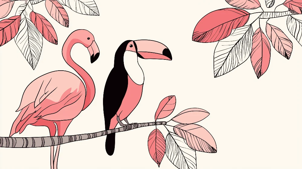 Lastenhuoneen tapetti | Vaaleanpunaiset flamingot ja värikkäät tukaanit