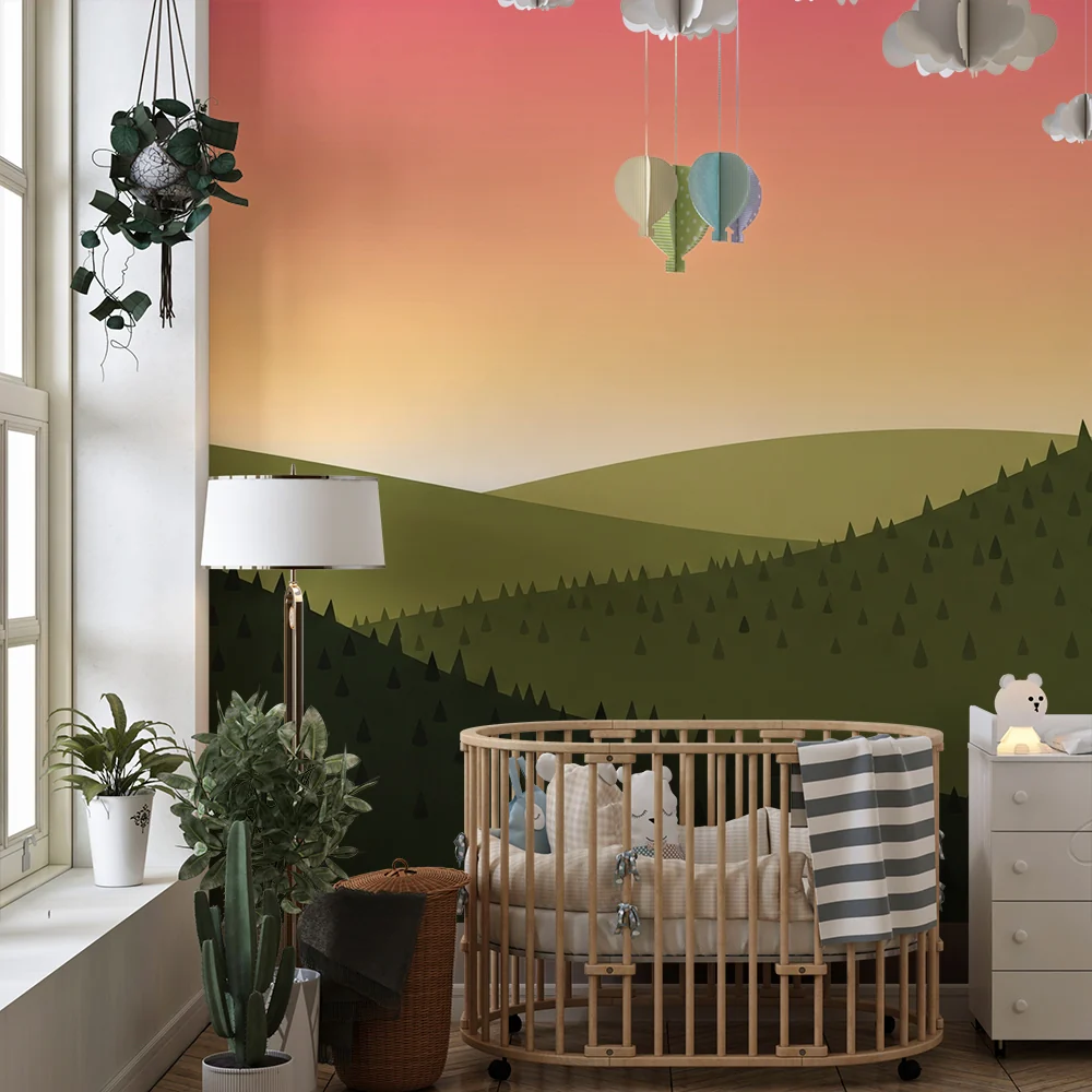 Lastenhuoneen tapetti | Viheriöivien kukkuloiden maisema auringonlaskun aikaan