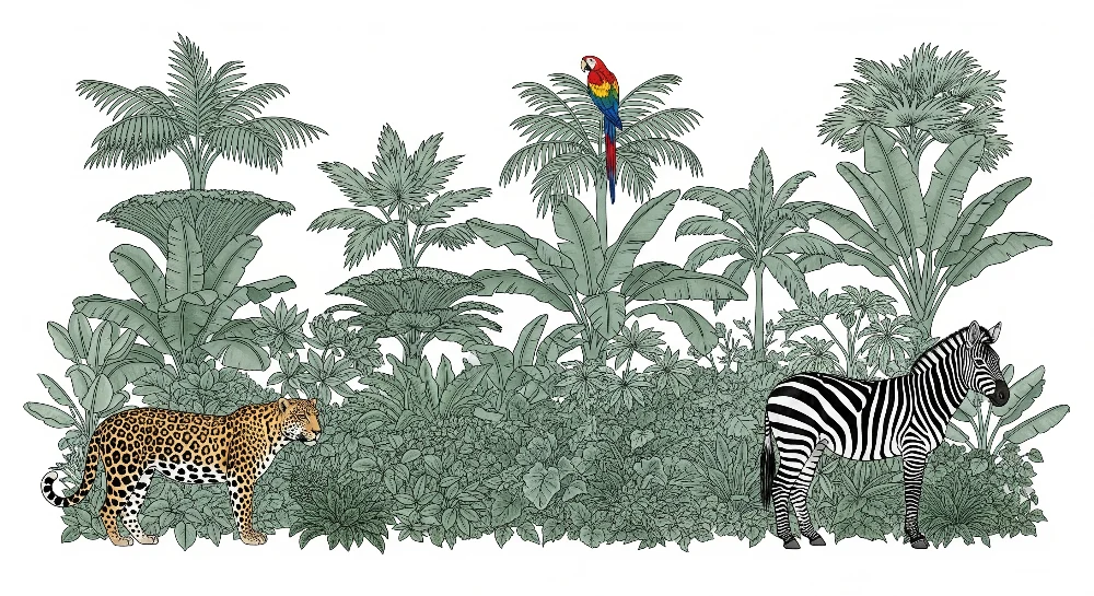 Lastenhuoneen tapetti | Viidakkohuone eläimillä, joissa on leopardi, seepra ja värikäs papukaija