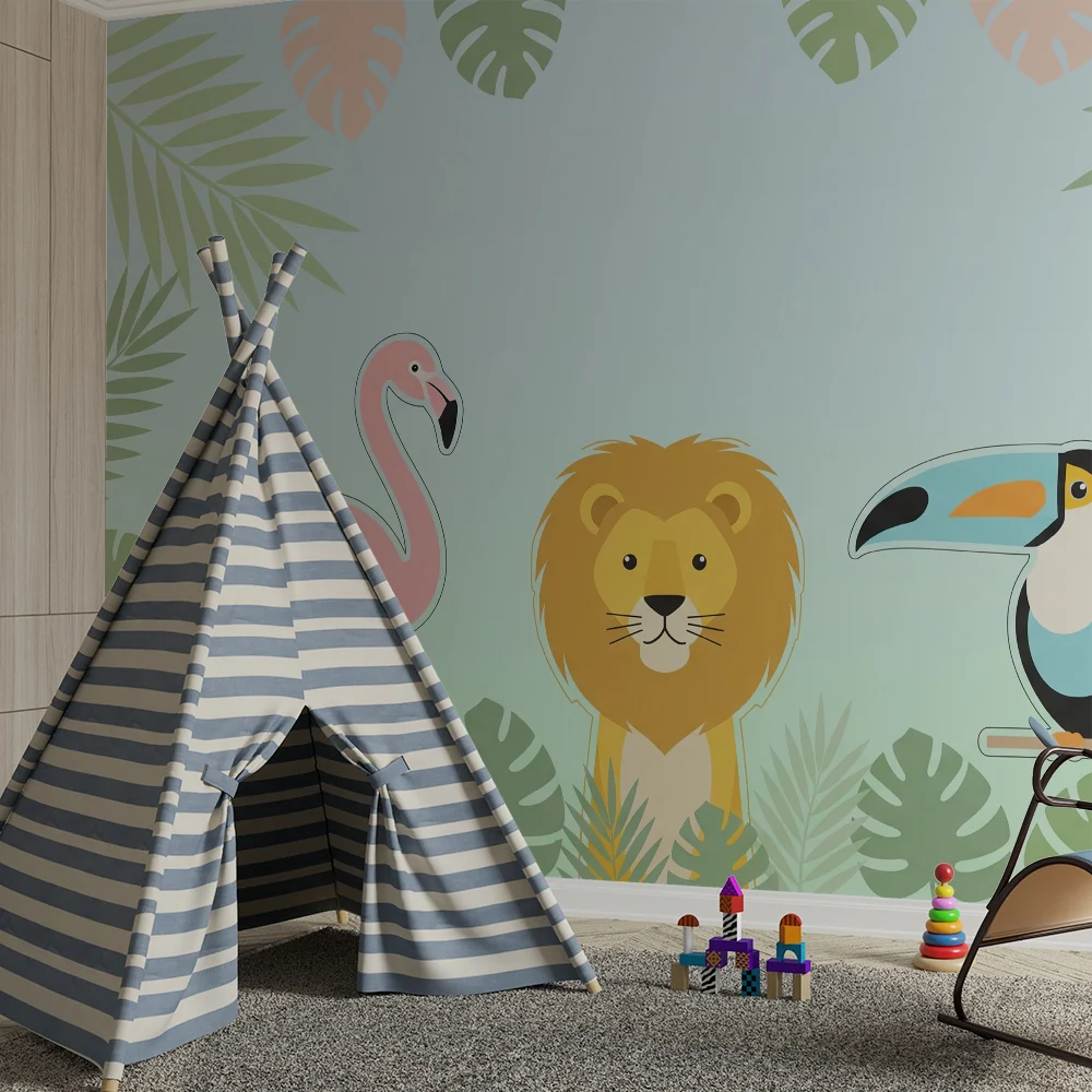 Lastenhuoneen tapetti | Viidakon eläimet flamingo, leijona ja tukaani