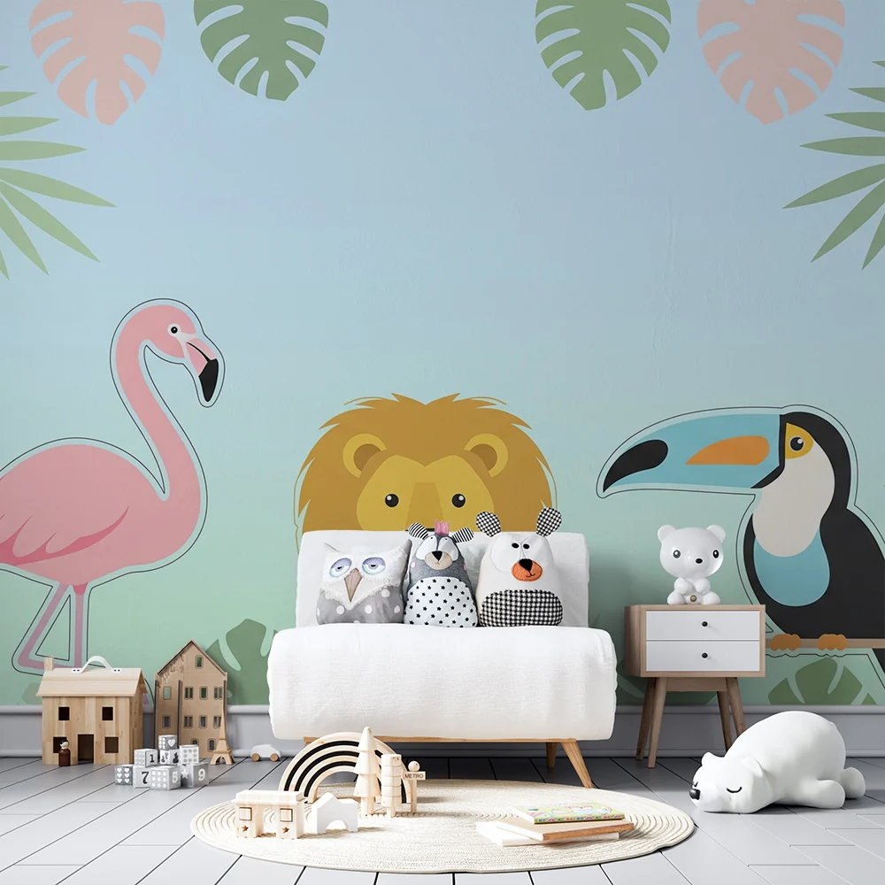 Lastenhuoneen tapetti | Viidakon eläimet flamingo, leijona ja tukaani