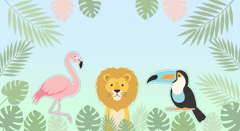 Lastenhuoneen tapetti | Viidakon eläimet flamingo, leijona ja tukaani