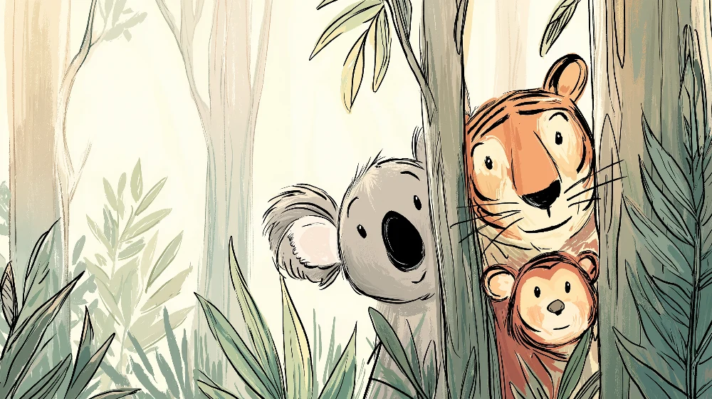 Lastenhuoneen tapetti | Viidakon eläimet koala, tiikeri ja pieni apina
