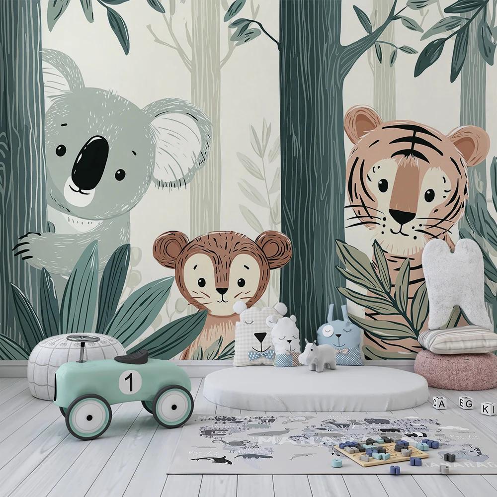 Lastenhuoneen tapetti | Viidakon eläimet kuten koala, apina ja tiikeri