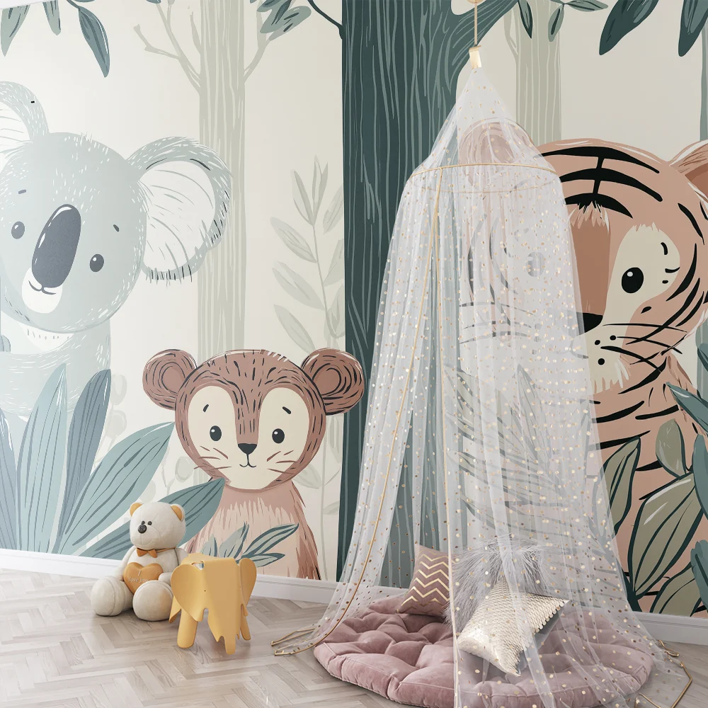 Lastenhuoneen tapetti | Viidakon eläimet kuten koala, apina ja tiikeri