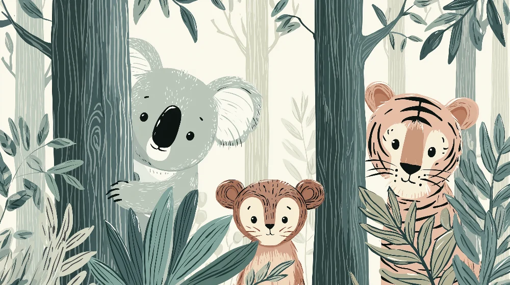 Lastenhuoneen tapetti | Viidakon eläimet kuten koala, apina ja tiikeri