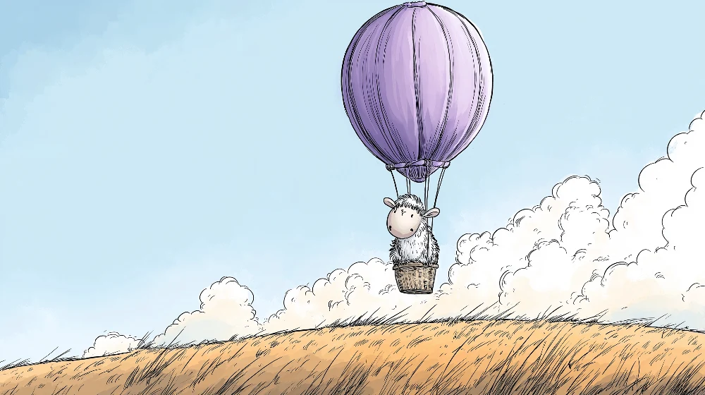 Lastenhuoneen tapetti | Violetti ilmapallolla lentävä lammas yli kultapellon