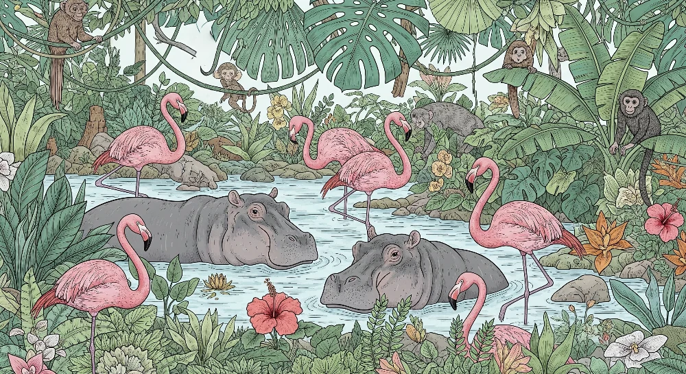 Lastenhuoneen tapetti | Virtahevot ja vaaleanpunaiset flamingot vehreässä viidakossa