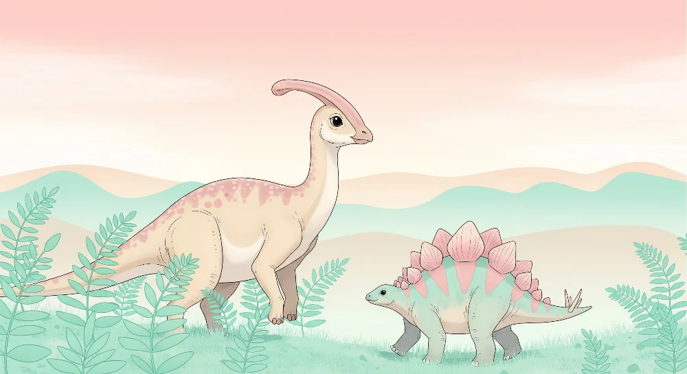 Lastenhuoneen tapetti | Värikkäitä dinosauruksia lempeässä maisemassa
