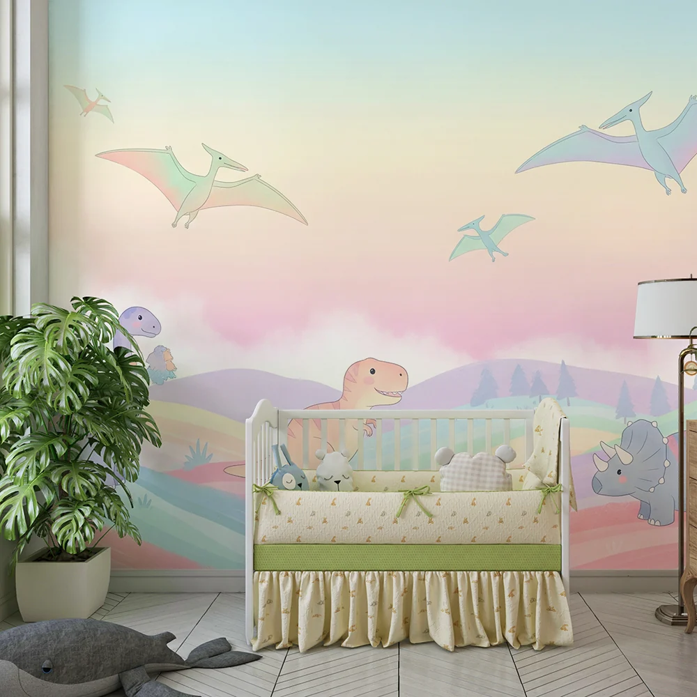 Lastenhuoneen tapetti | Värikkäät dinosaurukset pastellimaisemassa