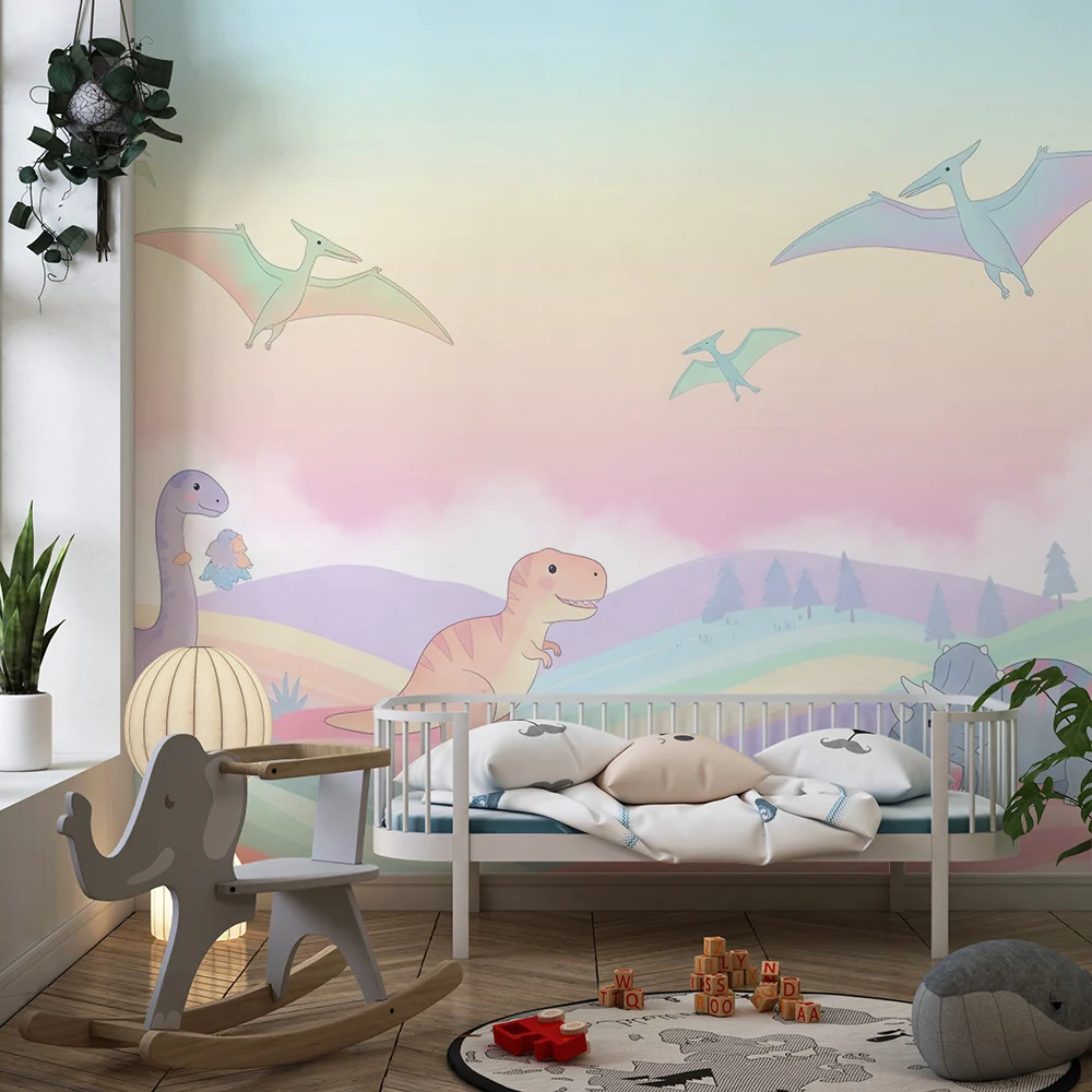 Lastenhuoneen tapetti | Värikkäät dinosaurukset pastellimaisemassa