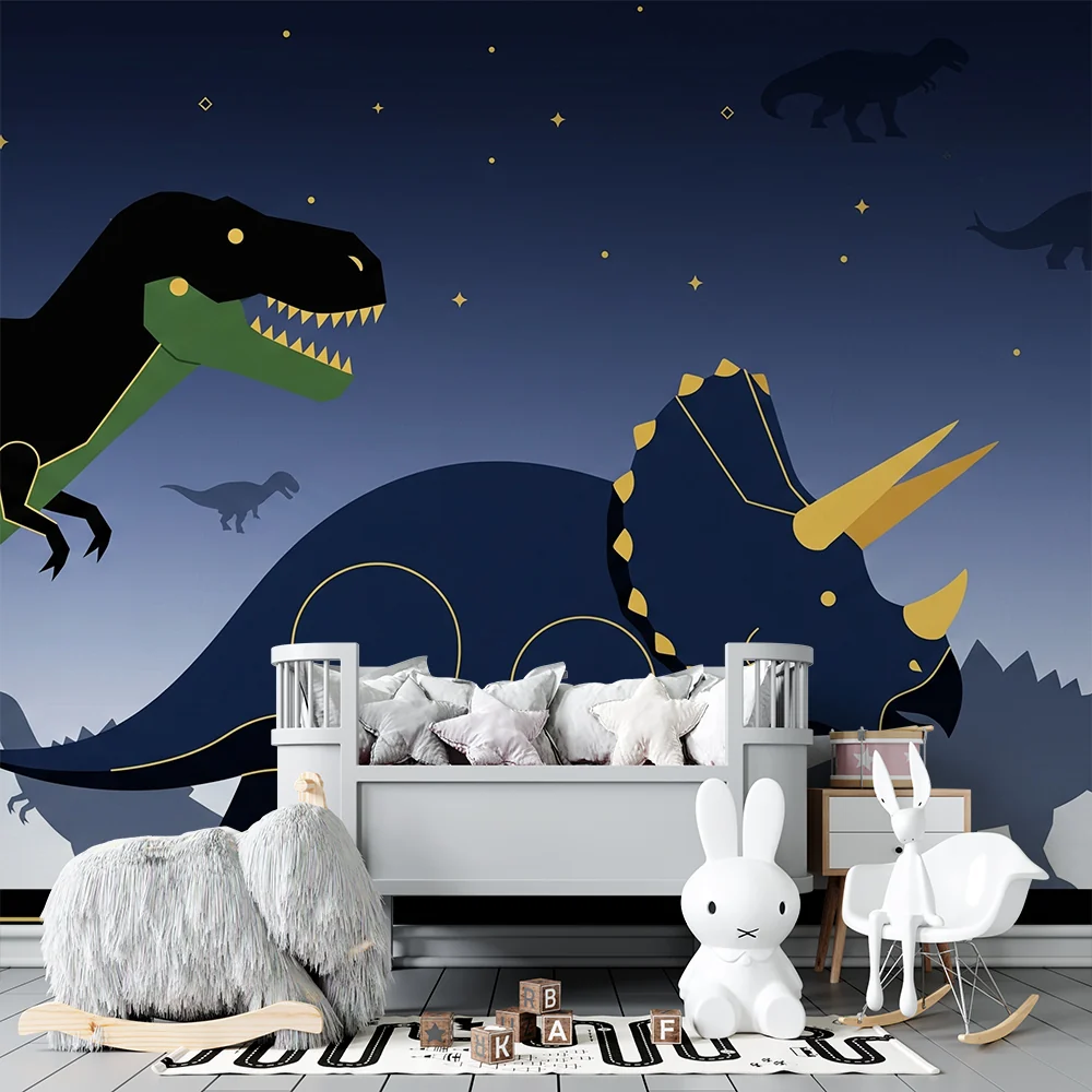 Lastenhuoneen tapetti | Värikkäät dinosaurukset tähtitaivaan alla