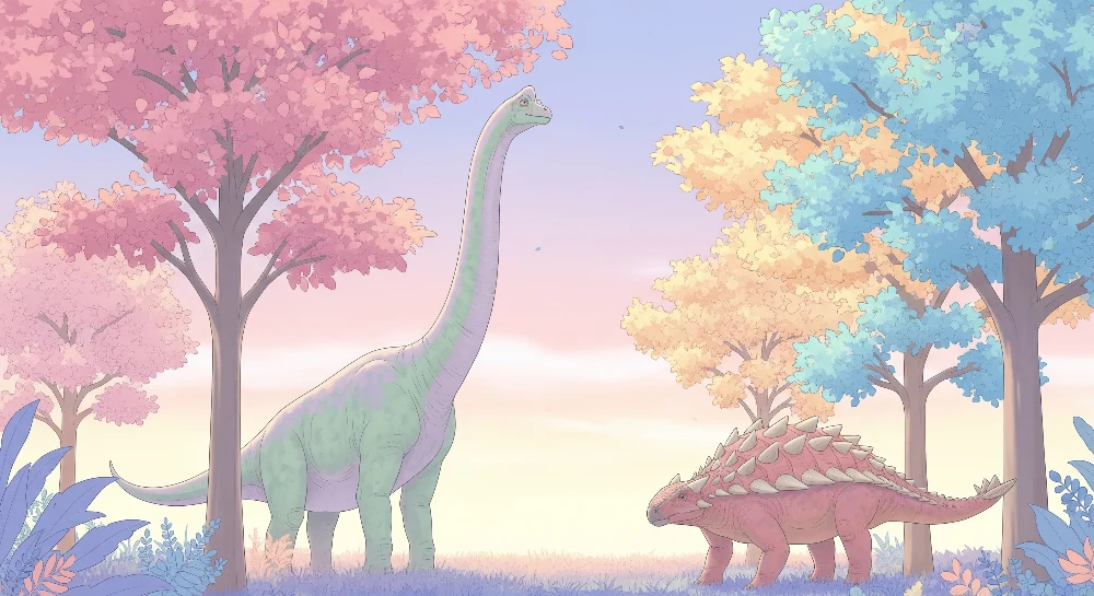 Lastenhuoneen tapetti | Värikkäät dinosaurukset vaalean pastellin taivaan alla