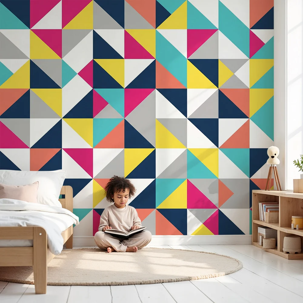 Lastenhuoneen tapetti | Värikkäät geometriset kolmiokuvioinnit