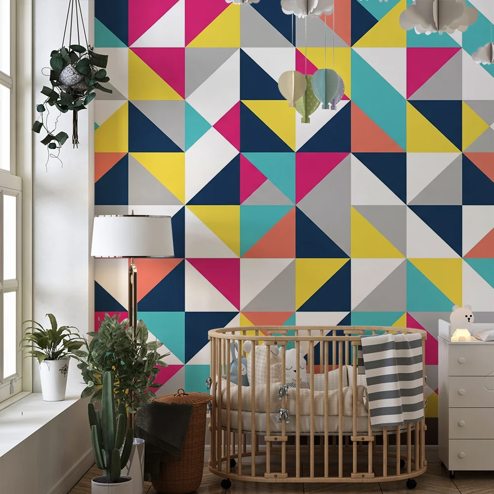Lastenhuoneen tapetti | Värikkäät geometriset kolmiokuvioinnit