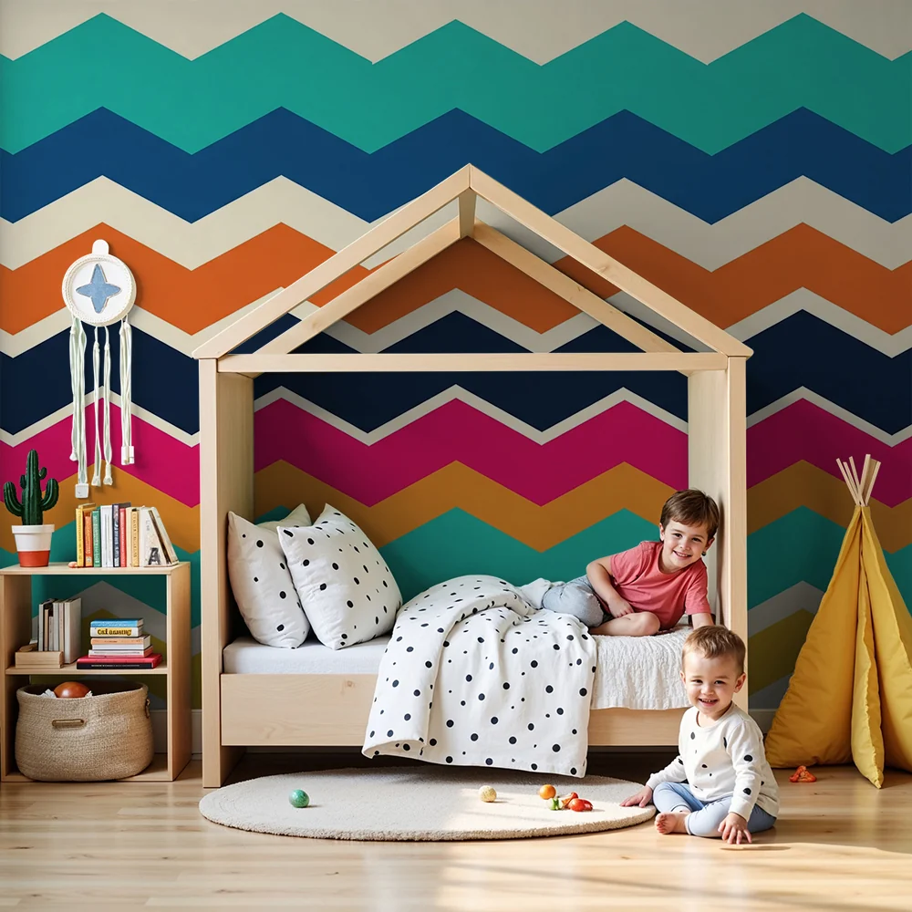 Lastenhuoneen tapetti | Värikkäät sinisen, oranssin ja vaaleanpunaisen väriset zigzag-kuvioiset.