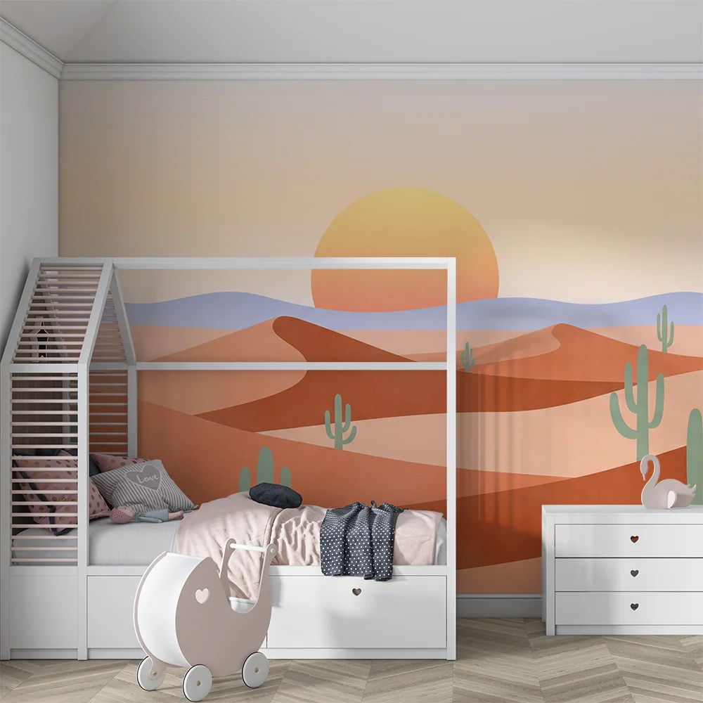 Lastenhuoneen tapetti | Värikäs aavikko kaktuksilla ja auringonlasku