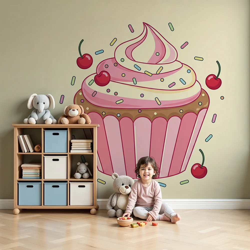 Lastenhuoneen tapetti | Värikäs cupcake kirsikoilla ja kimalteilla