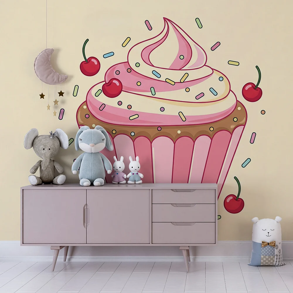 Lastenhuoneen tapetti | Värikäs cupcake kirsikoilla ja kimalteilla
