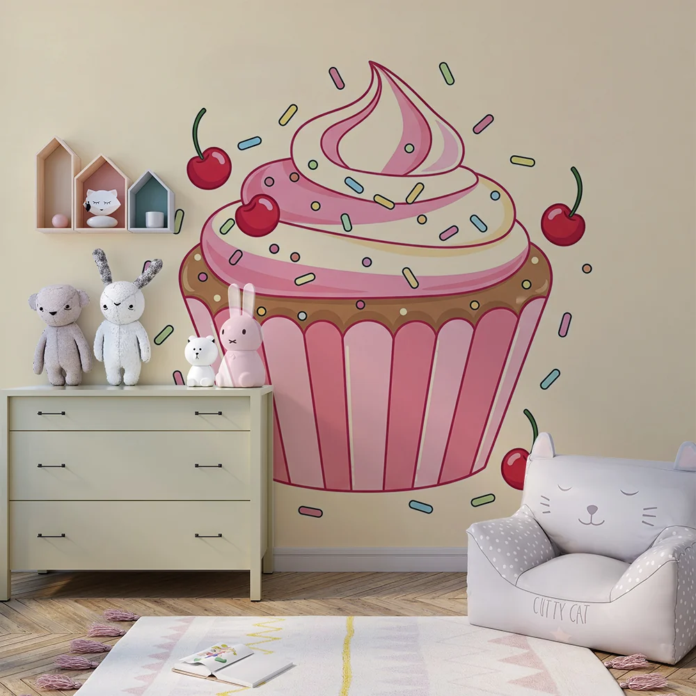 Lastenhuoneen tapetti | Värikäs cupcake kirsikoilla ja kimalteilla