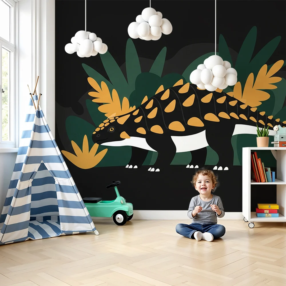 Lastenhuoneen tapetti | Värikäs dinosauruksia stilisoitua viidakkoa