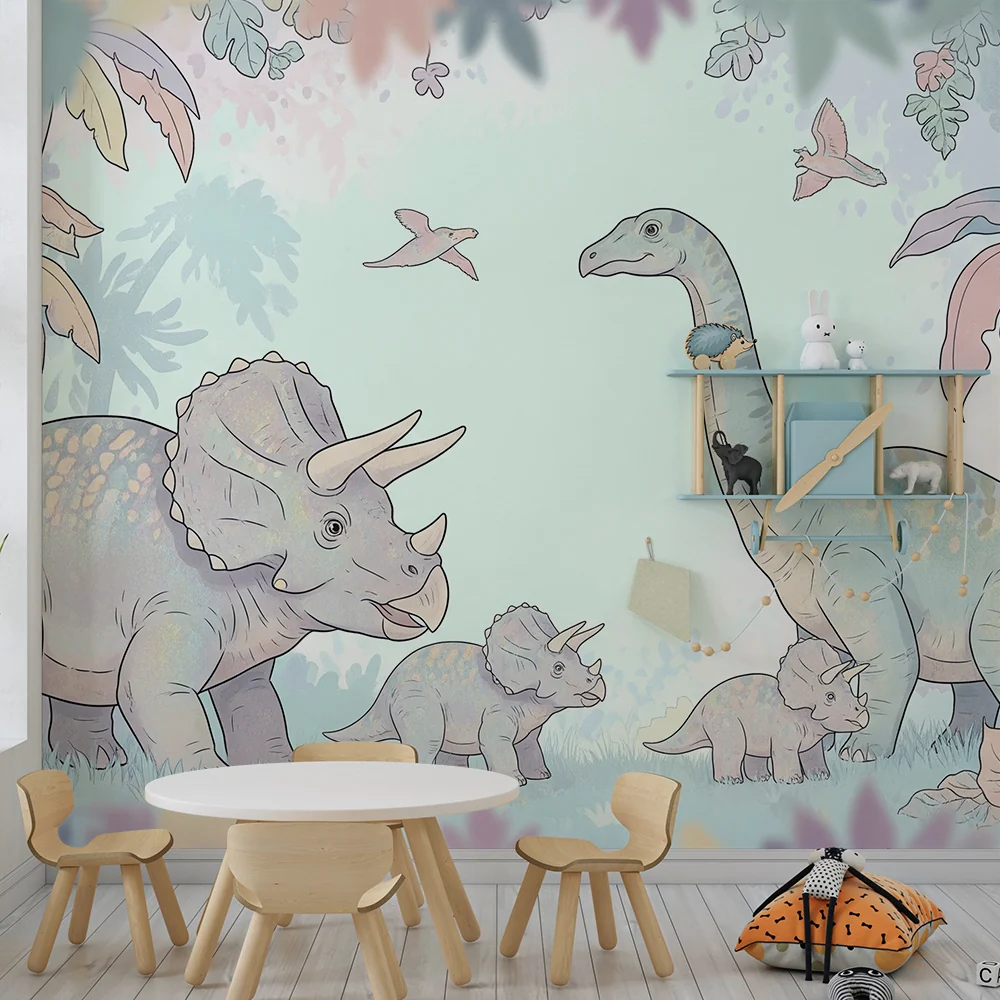 Lastenhuoneen tapetti | Värikäs dinosauruksia trooppisessa viidakossa