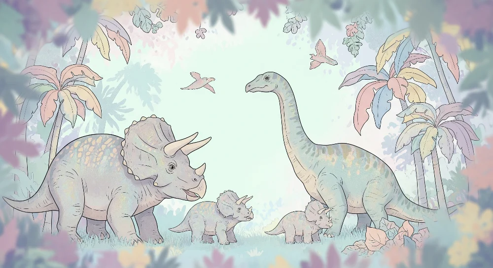 Lastenhuoneen tapetti | Värikäs dinosauruksia trooppisessa viidakossa