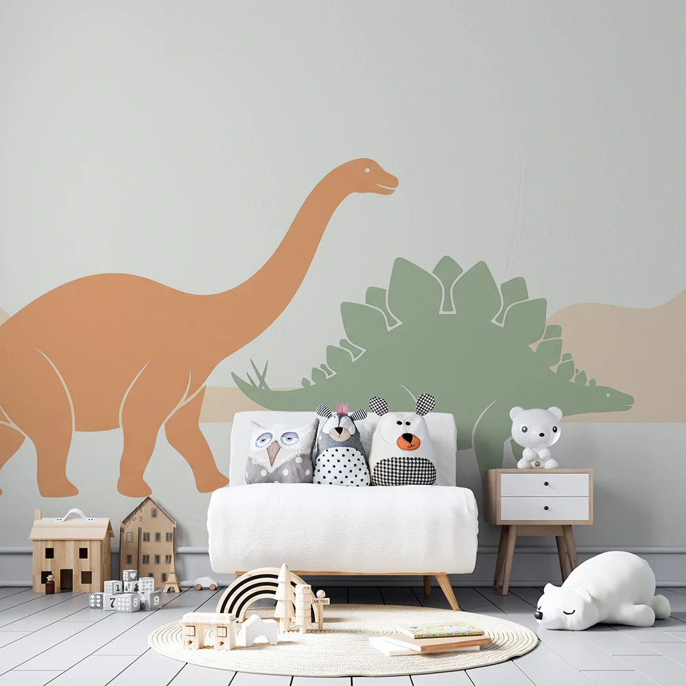 Lastenhuoneen tapetti | Värikäs dinosaurusteema ja lempeä maisema