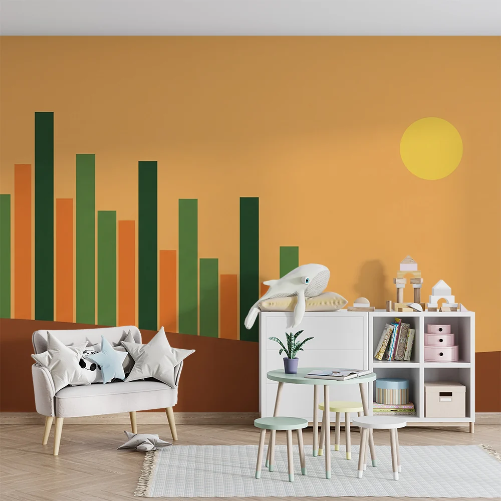 Lastenhuoneen tapetti | Värikäs grafiikka palkkien ja lämpimän auringon kanssa
