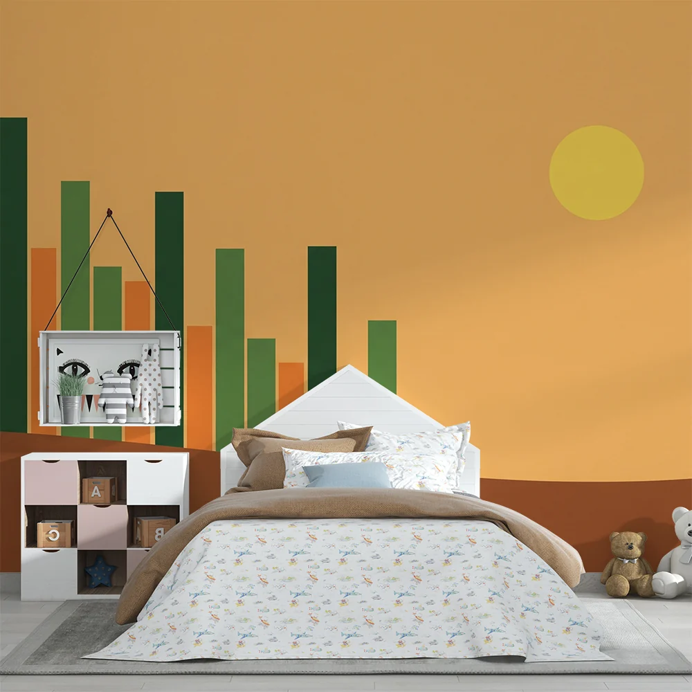 Lastenhuoneen tapetti | Värikäs grafiikka palkkien ja lämpimän auringon kanssa