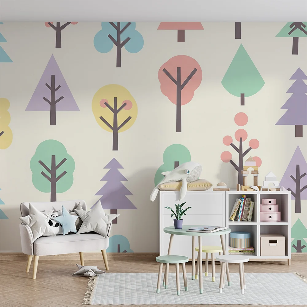 Lastenhuoneen tapetti | Värikäs metsä geometrisilla puilla
