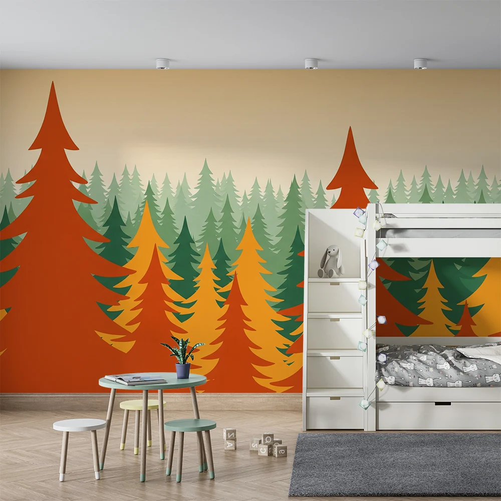 Lastenhuoneen tapetti | Värikäs metsä syksyisillä havupuilla