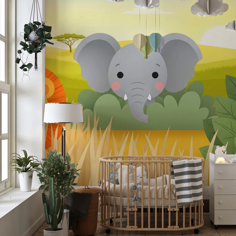 Lastenhuoneen tapetti | Värikäs safari söpöillä eläimillä