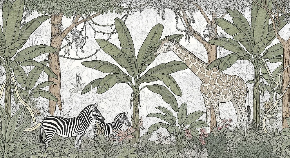 Lastenhuoneen tapetti | Värikäs safarikuosi kirahveilla ja seeprailla