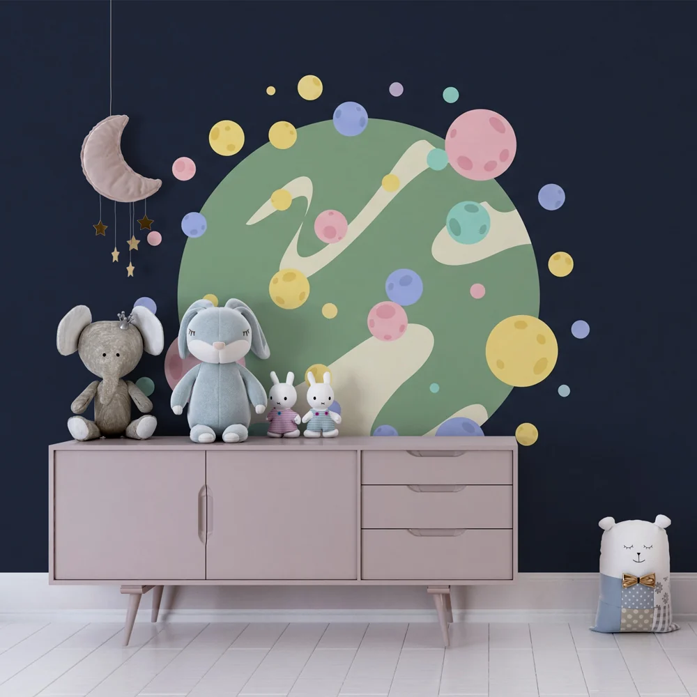 Lastenhuoneen tapetti | Värikäs universumi ja kelluvat planeetat
