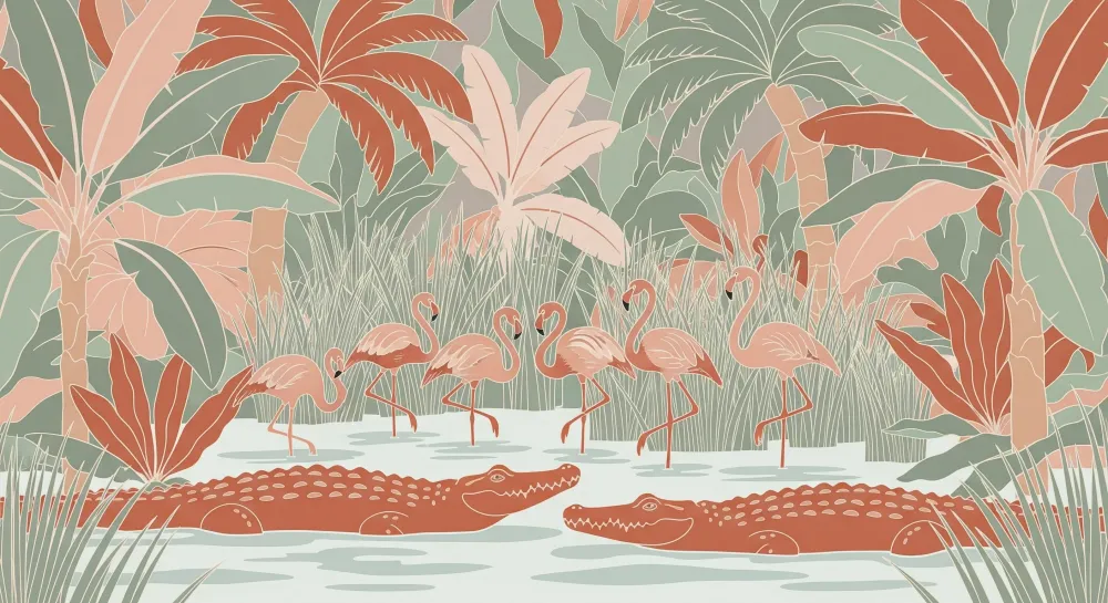 Lastenhuoneen tapetti | Värikäs viidakkokuvio flamingoilla ja krokotiileillä