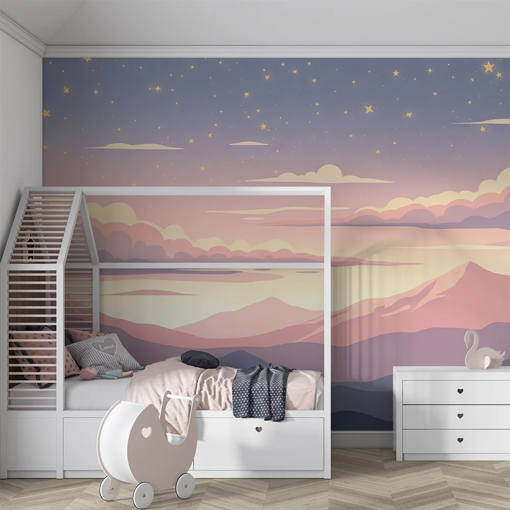 Lastenhuoneen tapetti | Vuoristomaisema auringonlaskun aikaan tähtitaivaan kera