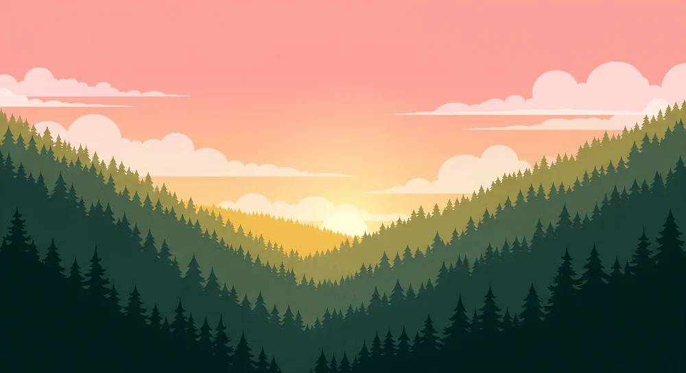 Lastenhuoneen tapetti | Vuoristomaisema auringonlaskun aikaan vihreiden metsien kanssa