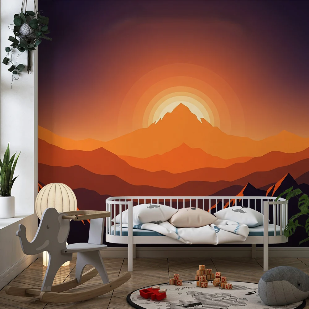 Lastenhuoneen tapetti | Vuoristomaisema auringonlaskussa oransseissa sävyissä