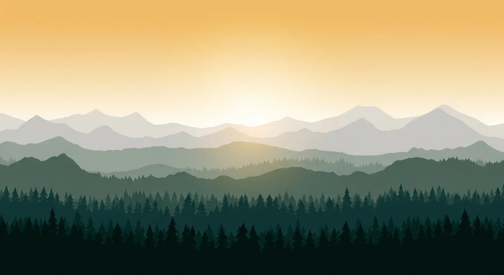 Lastenhuoneen tapetti | Vuoristomaisema auringonnousun aikaan vihreine metsineen