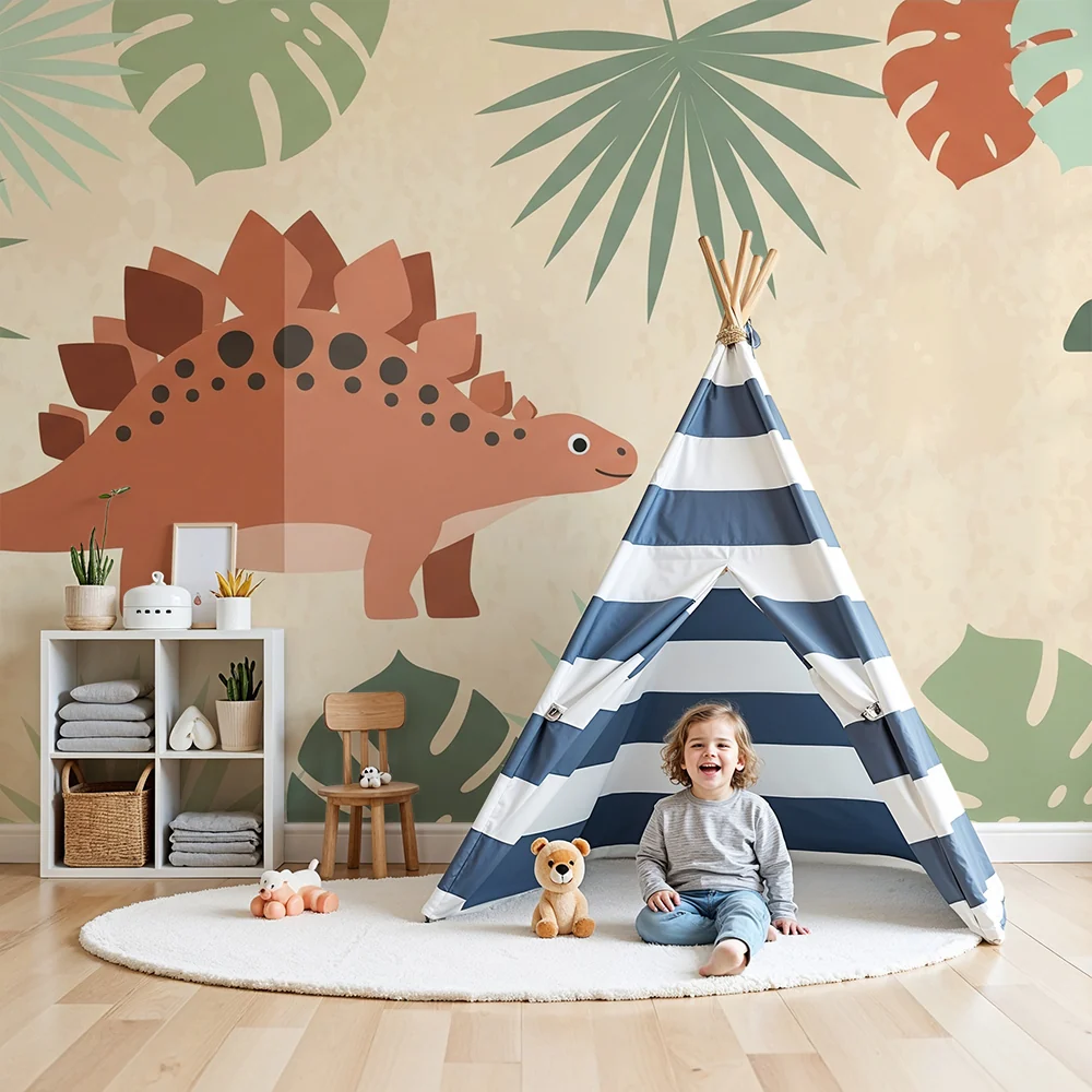 Lastenhuoneen tapetti | Ystävällinen dinosauri ja trooppiset lehdet