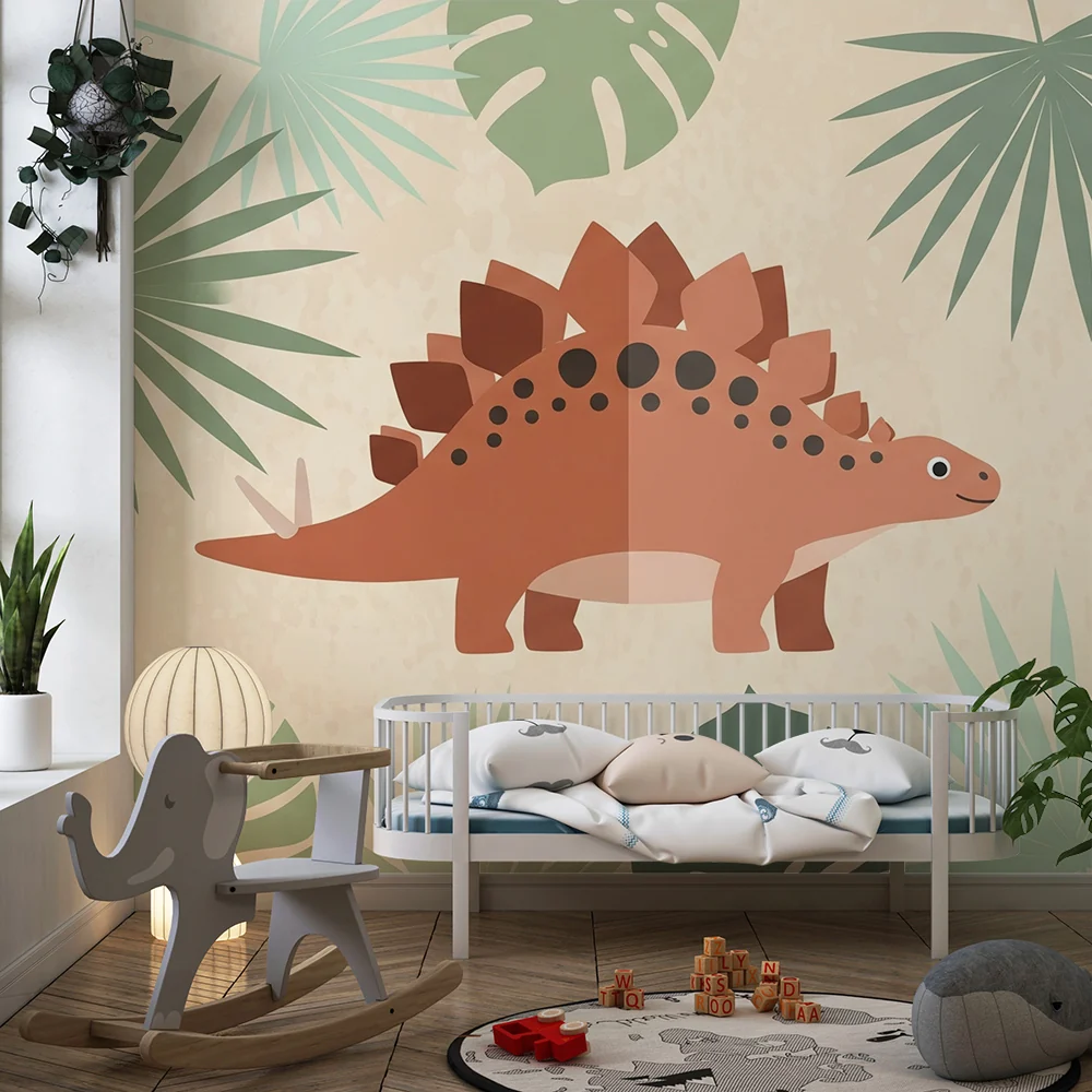 Lastenhuoneen tapetti | Ystävällinen dinosauri ja trooppiset lehdet