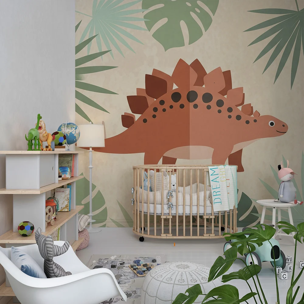 Lastenhuoneen tapetti | Ystävällinen dinosauri ja trooppiset lehdet