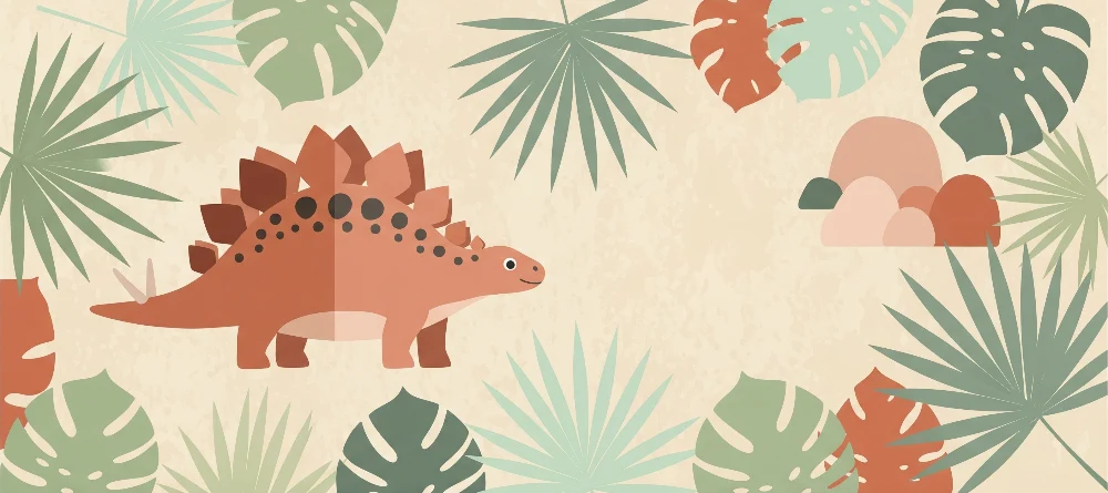 Lastenhuoneen tapetti | Ystävällinen dinosauri ja trooppiset lehdet