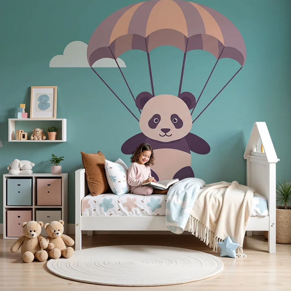 Lastenhuoneen tapetti | Ystävällinen pandaparasiutissa