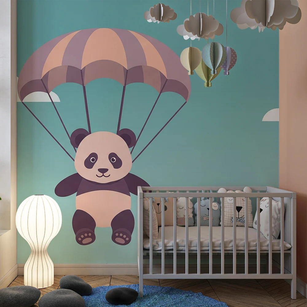 Lastenhuoneen tapetti | Ystävällinen pandaparasiutissa