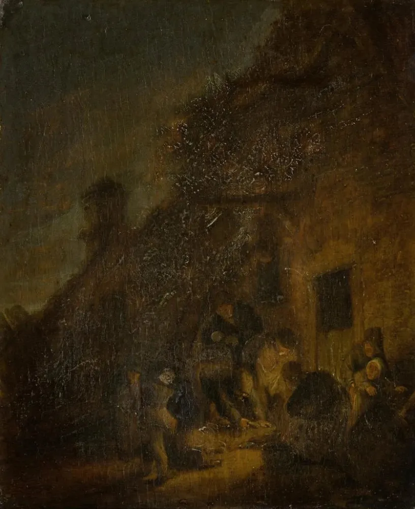 Maalaus Abattre un cochon à la lueur d'une torche - Adriaen van Ostade | Taidetuloste