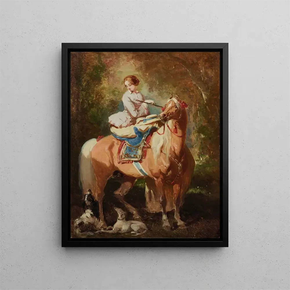 Maalaus Amazone blonde regardant deux chiens et un cheval Alezan Clair - Alfred de Dreux | Taidetuloste