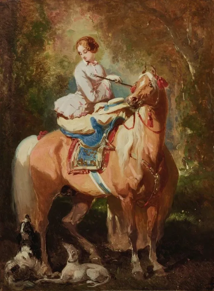 Maalaus Amazone blonde regardant deux chiens et un cheval Alezan Clair - Alfred de Dreux | Taidetuloste